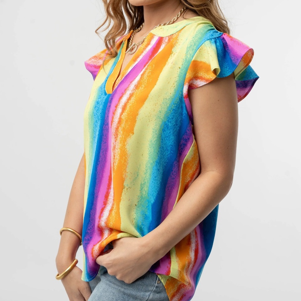 Multi-colored Flutter Sleeve Blouse with Peter Pan Collar-Medium - Picture 2 of 7